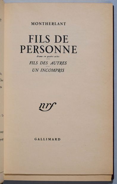 MONTHERLANT (Henry de). Fils de personne,...