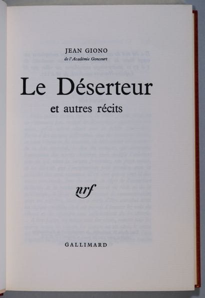 GIONO (Jean). Le déserteur et autres récits....