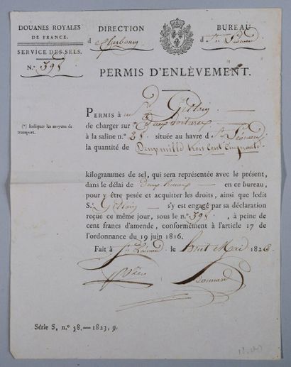 CURIOSITÉ - SELS. 
Permis d'enlèvement en...
