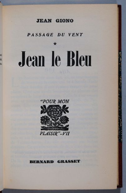 GIONO (Jean). Jean le Bleu. Passage du vent,...