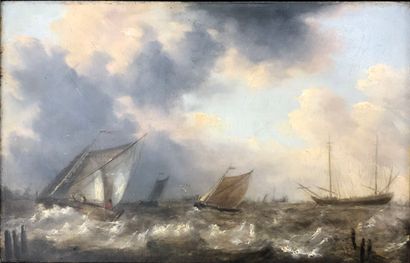 LISBOURNE(?)
Boat on the sea. 
Oil on copper...