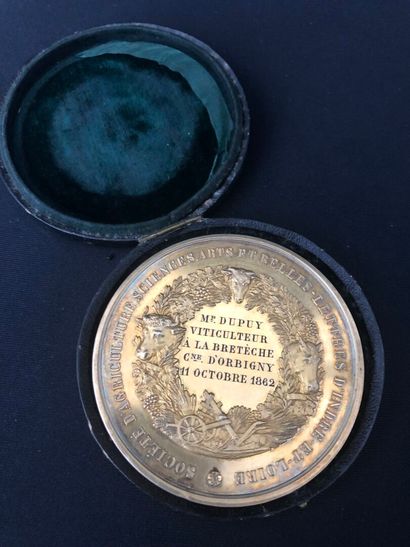 Silver MEDAL in leather case with green velvet...