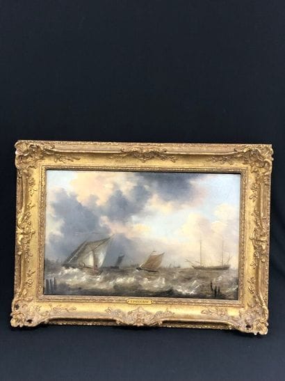 LISBOURNE(?)
Boat on the sea. 
Oil on copper...