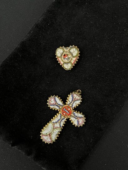 Micro-mosaic CROSS and HEART in gilded metal...