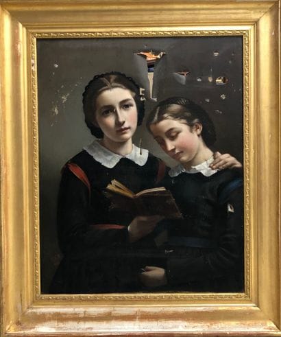 19th century FRENCH SCHOOL:
Two girls reading.
Oil...