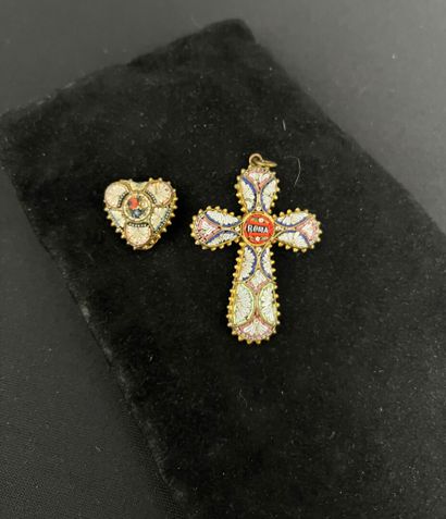 Micro-mosaic CROSS and HEART in gilded metal...