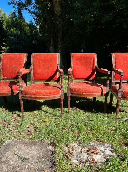 Suite of four armchairs and a sofa in molded...