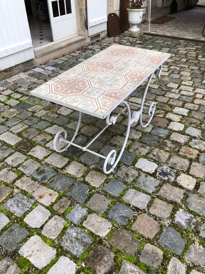 Antique wrought iron butcher's table, scrolled...