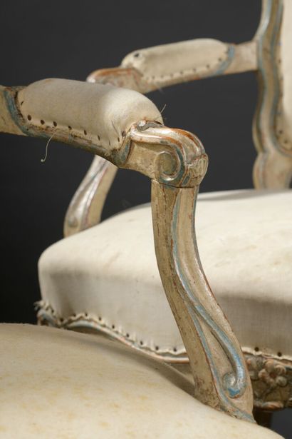 Pair of cabriolet armchairs in carved and...