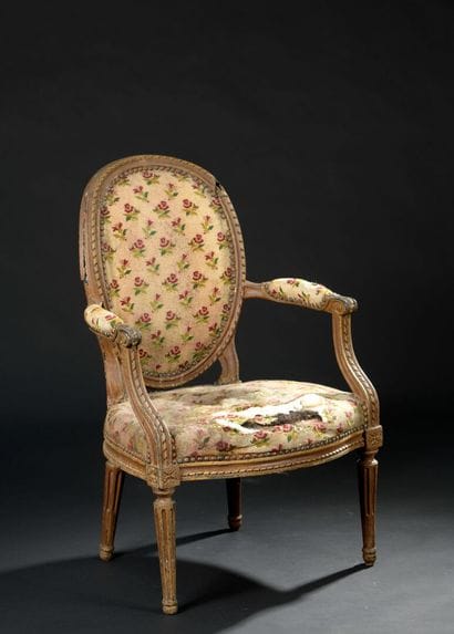 Lacquered wood medallion armchair, stamped...