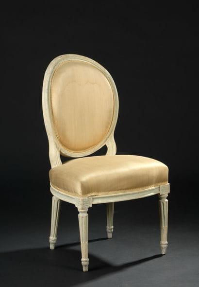 Carved wood and gray lacquer chair stamped...