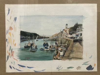 GILLON (XXe siècle) 
Le petit port. 
Aquarelle...
