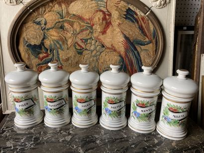 SET OF SIX Paris porcelain medicine jars,...
