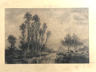 19th century FRENCH SCHOOL
Cows by the river
Charcoal...