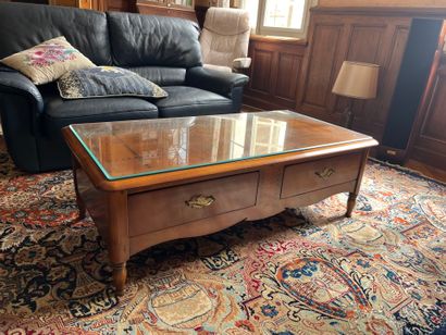 Low mahogany TABLE with glass top, opening...
