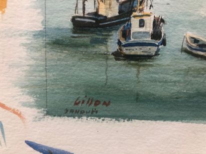 GILLON (XXe siècle) 
Le petit port. 
Aquarelle...