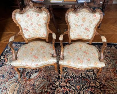 Pair of Louis XV style armchairs with curved...