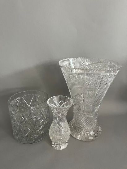 THREE cut crystal VASES decorated with diamond...