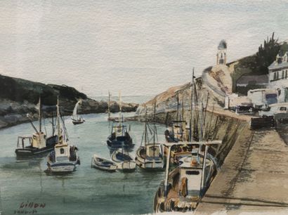 GILLON (XXe siècle) 
Le petit port. 
Aquarelle...