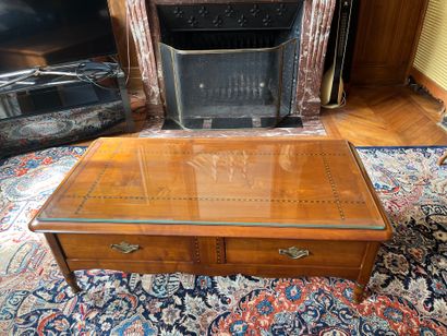 Low mahogany TABLE with glass top, opening...