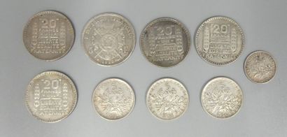 Lot of 9 French silver coins :
5 francs Napoléon...