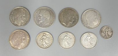 Lot of 9 French silver coins :
5 francs Napoléon...