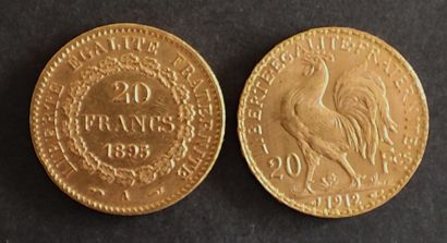 Two 20 franc gold coins:
Génie 1895 A (Paris)...