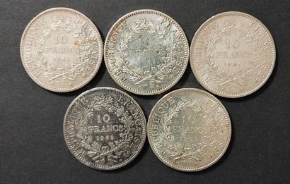 Lot of 5 10 Franc Hercules silver coins 1965...
