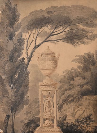 19th century French school
Urn in a garden
Grey...