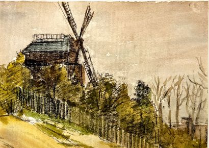 Ecole française vers 1900
Paysage au moulin...