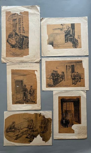 [Justice]. Six encres du XIXe siècle. 
École...
