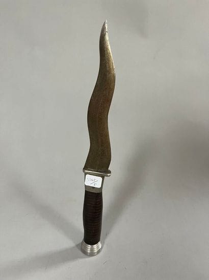 Metal knife, wavy blade, turned wooden spindle....