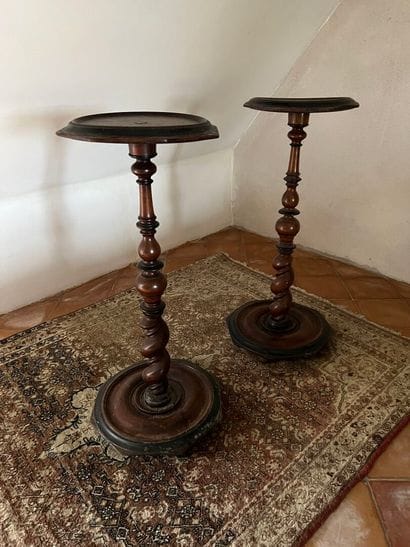 Pair of turned walnut light holders, 17th...