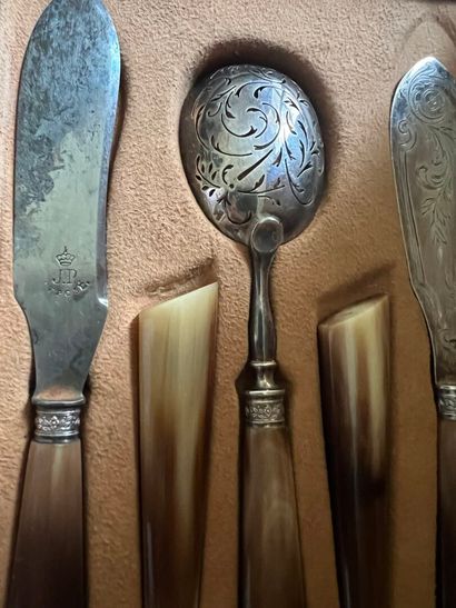 Part of a silver menagère, horn handle Minerve...