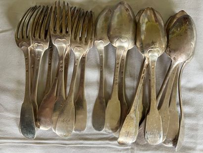 Serving set of fourteen silver spoons and...