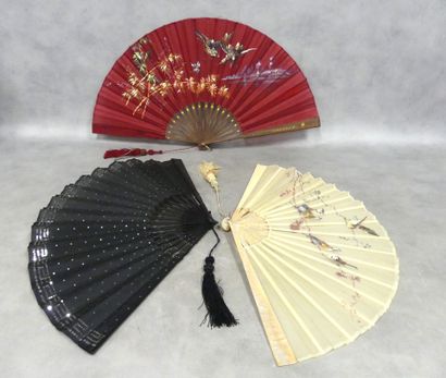 18-strand fan, black wood frame carved and...