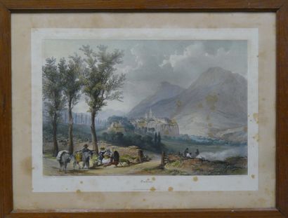 A set of four lithographs:
Embrun color lithograph...
