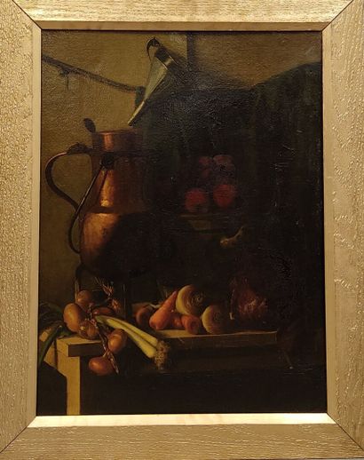 Still life with copper pot and vegetables
Oil...