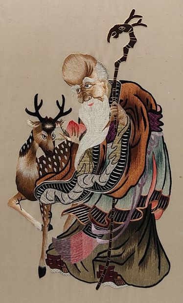 Asia: a set of two framed silk embroideries...