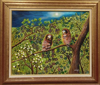 Claudine Colombi: Couple of owls in the foliage
Oil...