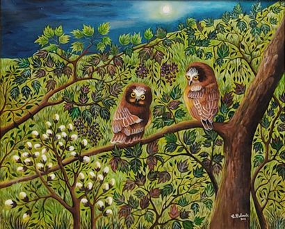 Claudine Colombi: Couple of owls in the foliage
Oil...