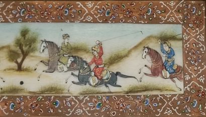 Iranian miniature: Polo match painted on...