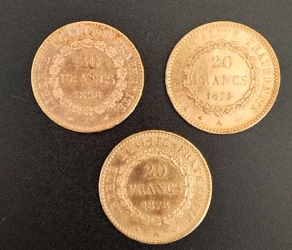 Three 20 franc gold Génie coins
1875 A -...
