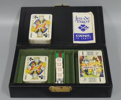 black sky-covered card game box
containing...