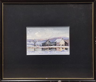Houses by the pond, watercolor
Signed on...