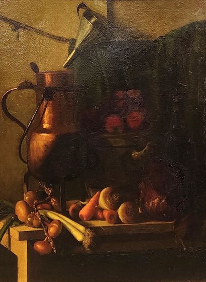 Still life with copper pot and vegetables
Oil...