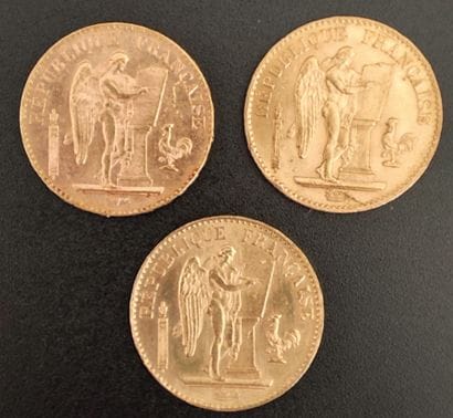 Three 20 franc gold Génie coins
1875 A -...