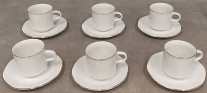 Six large coffee cups and saucers in white...