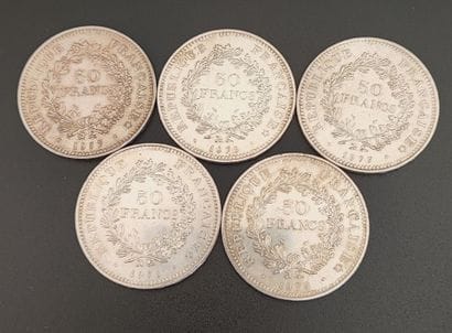 Cing 50 francs Hercules silver coins
1976...