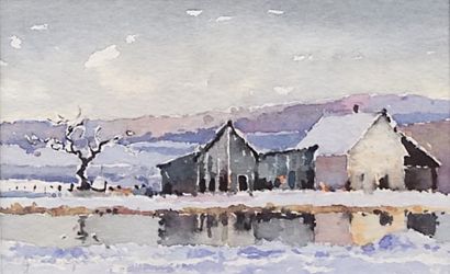 Houses by the pond, watercolor
Signed on...